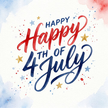 Watercolor Happy 4th of July Typography with Patriotic Paint Splash