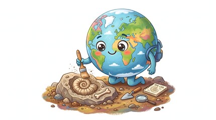 Fototapeta premium Cute planet Earth character discovering a fossil in a science exploration illustration.
