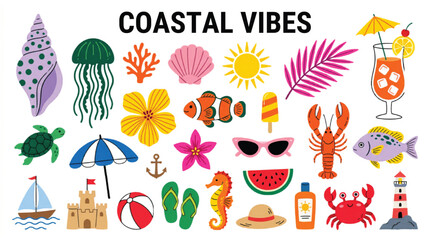 Coastal vibes summer beach icons set, tropical vacation vector illustrations, sea life and ocean holiday elements for travel design © Muhammad