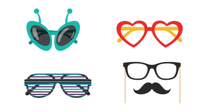 Collection of various colorful decorative party glasses featuring alien eyes, heart shapes, shutter shades, and a classic mustache disguise kit.