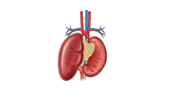 3D rendered human kidneys with blood vessels.