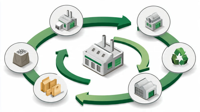 Illustration of industrial recycling process with factories, eco symbols and arrows