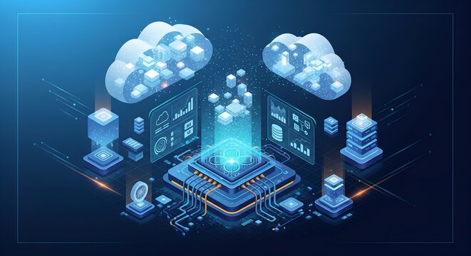Cloud computing and data processing technology with isometric server infrastructure, artificial intelligence processor, and digital analytics dashboard