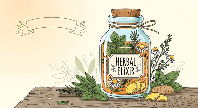 Herbal elixir bottle with natural ingredients and herbs.
