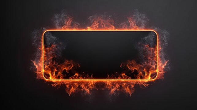 Fiery frame with glowing orange flames and smoke on a dark background