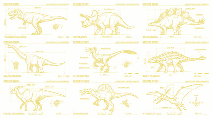 Dinosaur Blueprint Collection: Tyrannosaurus Rex, Triceratops, Stegosaurus, Brachiosaurus, Velociraptor, Ankylosaurus, Parasaurolophus, Spinosaurus, Pterodactyl © rofik