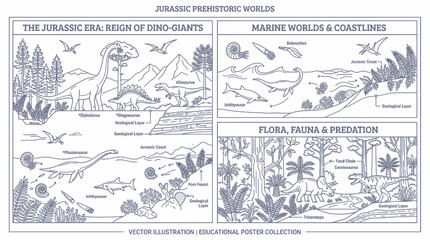 Jurassic Prehistoric Worlds: Dinosaurs, Marine Life, Flora & Fauna Educational Poster © rofik