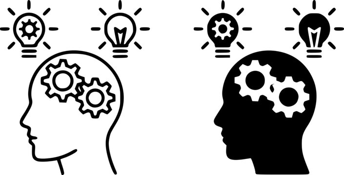 Minimalist human brain vector illustration featuring head outlines, solid silhouettes, gears, and light bulbs, ideal for creativity, innovation, and psychological design concepts.