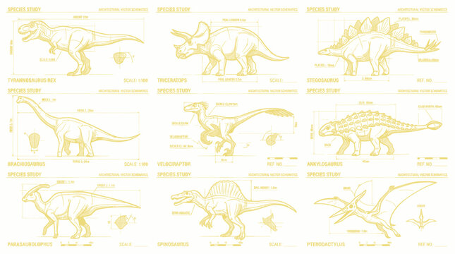 Dinosaur Blueprint Collection: Tyrannosaurus Rex, Triceratops, Stegosaurus, Brachiosaurus, Velociraptor, Ankylosaurus, Parasaurolophus, Spinosaurus, Pterodactyl