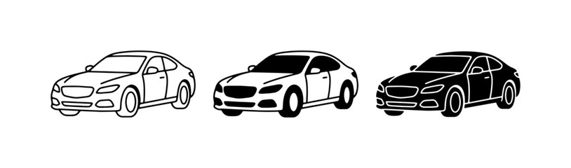 Obraz premium Modern Sedan Car Icons, Black and White Vehicle Silhouettes, Automotive Design Elements