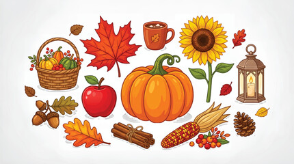 Autumn harvest vector elements collection, orange pumpkin and fall leaves set, rustic thanksgiving clip art with sunflower and apple © Muhammad