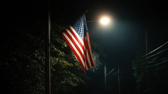 American flag waving at night under a streetlight outdoors