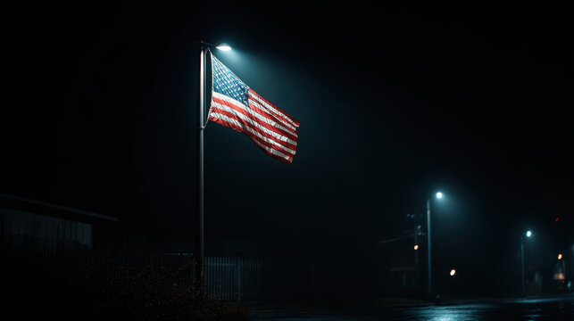 American flag waving on a pole at night under streetlights outdoors