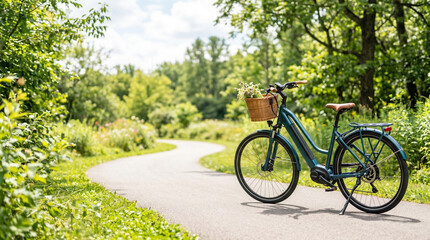 Fototapeta premium Electric bike on path surrounded by greenery in summer 