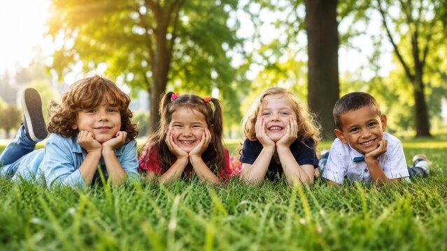  Happy diverse children lying on green grass in sunny park, smiling group of kids enjoying summer vacation, multiethnic childhood friendship outdoors