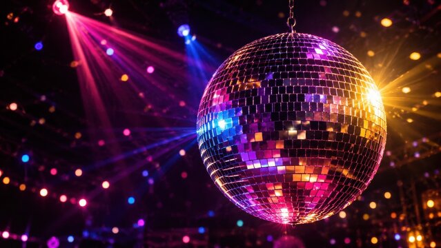 Sparkling disco ball with colorful light reflections, retro mirror ball in nightclub atmosphere, vibrant party background for dance events