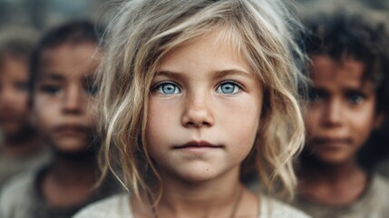 Fototapeta premium Portrait of a young girl with striking blue eyes and a group of children