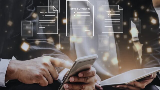 Business professionals reviewing digital documents and agreements on mobile phone and tablet in a modern office environment with abstract graphics overlay Gluon.
