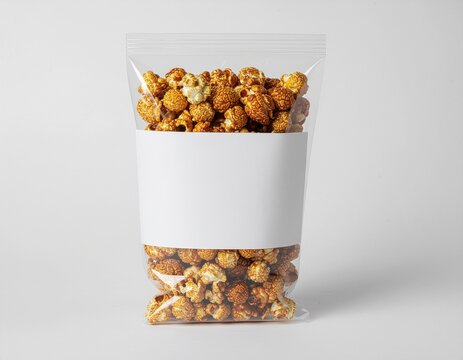 Caramel popcorn in clear pouch mockup with blank white label
