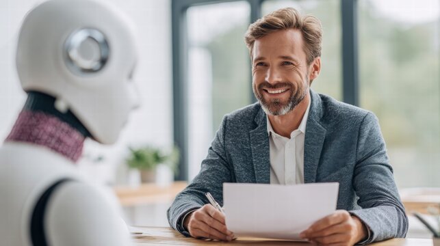 Man smiles while holding a paper and talking to a robot.
