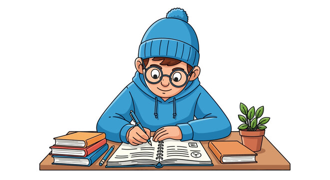 Young boy wearing glasses studying.