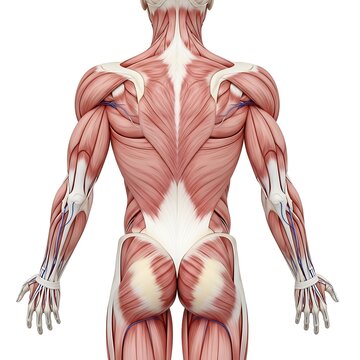 Anatomical diagram of human back and arm muscles.