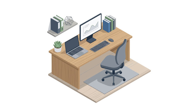 Isometric 3D illustration of a modern office desk and workstation