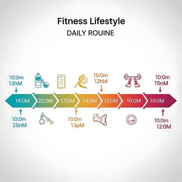 Daily fitness routine infographic with clock icons.