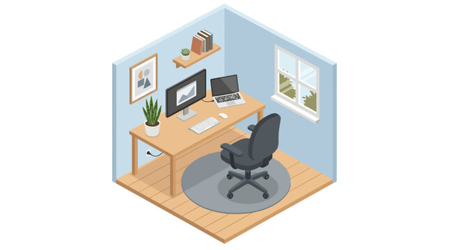 Isometric Minimalist Home Office Workspace with Computer and Laptop
