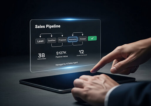 Businessman pointing at a tablet with a futuristic holographic AI sales pipeline and business dashboard overlay.