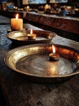 A candlelit Nepalese mountain lodge with rustic wood interior features traditional dal bhat served on brass plates.