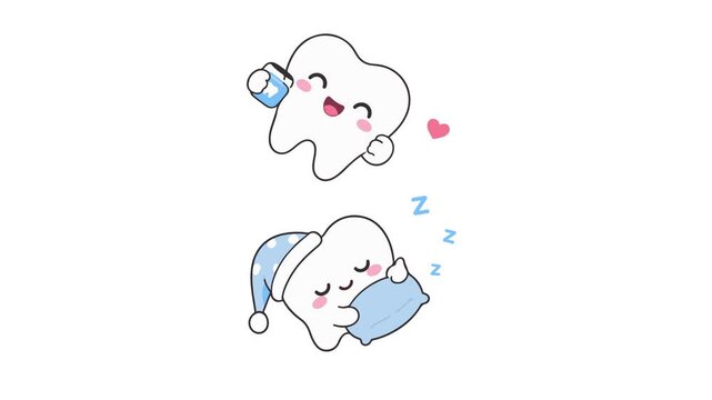 Cute cartoon tooth holding mouthwash and sleeping