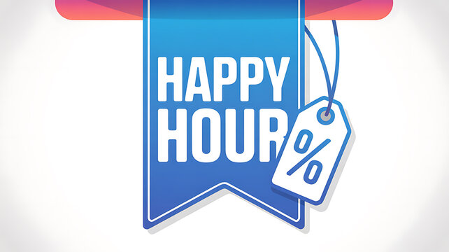 Blue banner with Happy Hour text and percentage tag on white background discount
