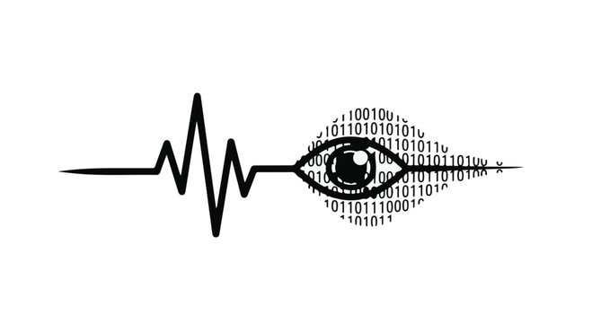 Eye icon integrated with a binary code heartbeat line represents the fusion of biological vision and advanced digital intelligence systems analyzing data within a modern technological landscape.