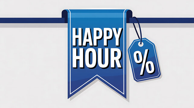 Blue ribbon banner with Happy Hour text and percentage tag image photo