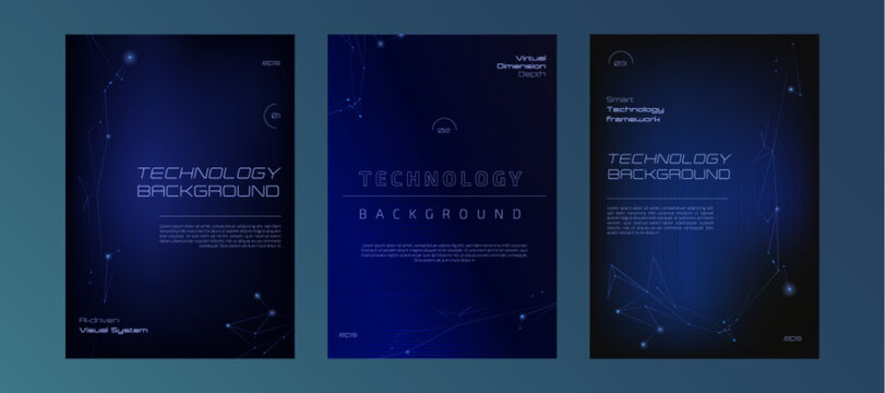 AI brochure template with abstract blue background for digital data presentation. Futuristic AI design of tech banner, innovation concept, dark network lines and modern corporate cybersecurity visual