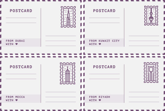 Dubai, Kuwait City, Mecca, Riyadh postcard collection. Vector art, vintage style Middle East cities envelope with landmarks stamps and message space. Greetings image layout