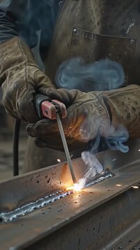 Protective gear against intense heat and sparks in industrial settings, including heavy leather apron and gloves for safety measures. Great for safety manuals or training materials.