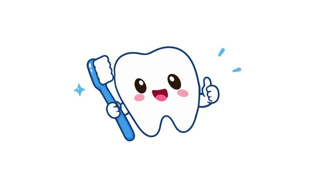 Happy tooth character holding a blue toothbrush and giving thumbs up