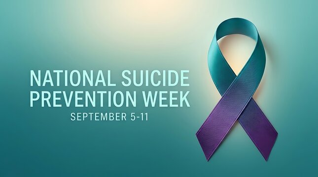 Suicide prevention awareness ribbon with national week banner on purple gradient background