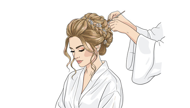 A skilled hair stylist creates an intricate braided updo for a radiant bride wearing a white silk robe in a clean vector illustration.