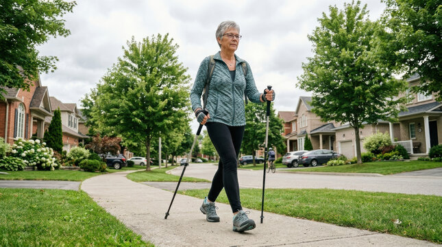 Senior woman walking check exercise fitness pole sidewalk suburb tree jacket outdoor health mature adult using walking pole on quiet residential path