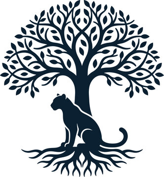 International clouded leopard day vector icon deep rooted tree of life trunk transitions sitting leopard silhouette base isolated white background