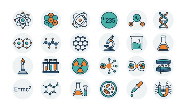 Atom molecule and physics science icon collection vector set