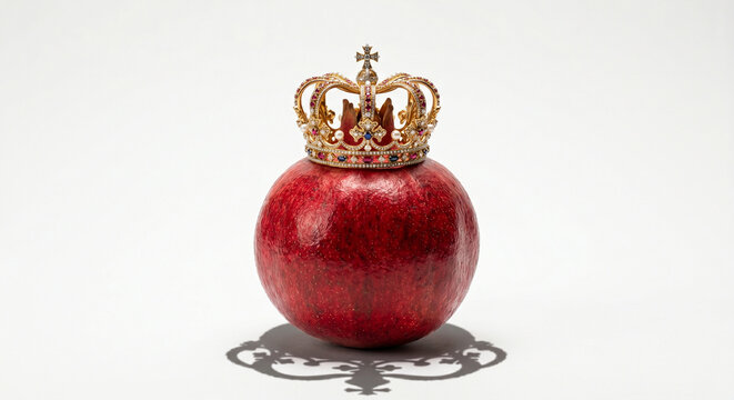 Deep Red Pomegranate Wearing Jeweled Queen Crown &mdash; Surreal Royal Fruit Concept