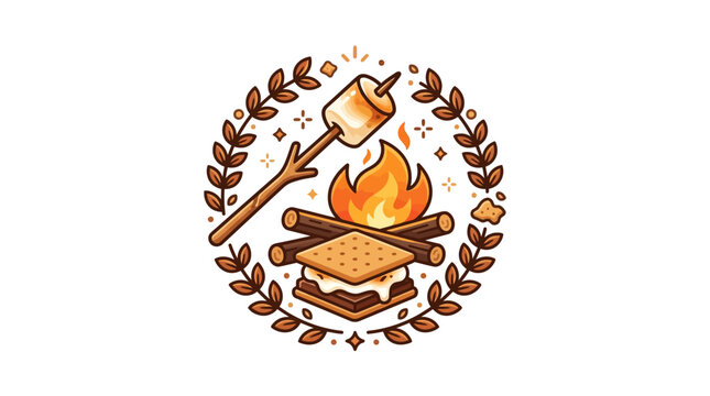 A hand drawn illustration of a toasted marshmallow over a campfire with a smore.