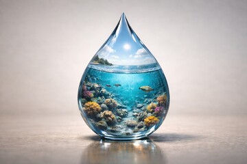 Fototapeta premium Glass-like water droplet containing a vibrant ocean world with colorful coral reef and marine life, highlighting ocean beauty, biodiversity and the importance of marine conservation.