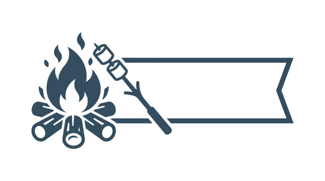 A dark blue icon featuring a campfire with roasting marshmallows and a blank banner.