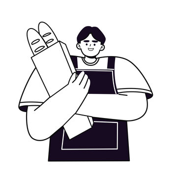 barista and bakery staff hoding baguettes characters line art vector illustration. for coloring page, poster, banner, local bakery branding, coffee house menu design, and culinary business icons.