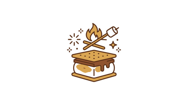 A stylized vector illustration of a delicious smore being toasted over a campfire.